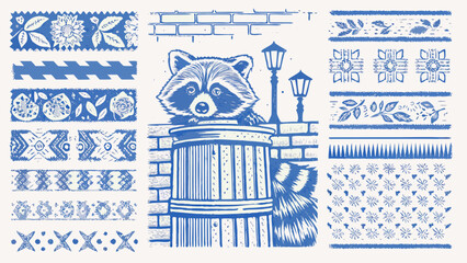 Illustration of a raccoon in a barrel with floral and geometric borders in blue and white color scheme silhouette