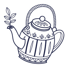 Decorative teapot with floral accents and leafy sprout