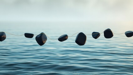 Floating Pebbles Linked by a Glistening Strand on Calm Lake