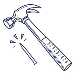 Hammer and nail sketch construction tool vector