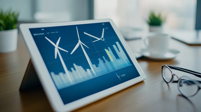Tablet Displaying Wind Turbine Data on Wooden Table, technology , energy