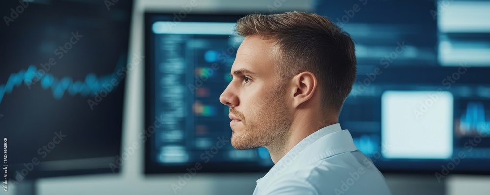 Poster trader profile focused man analyzing financial data on multiple screens ,finance, stock market