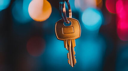 Golden key hanging against a blurred, colorful background. Symbol of access or security.