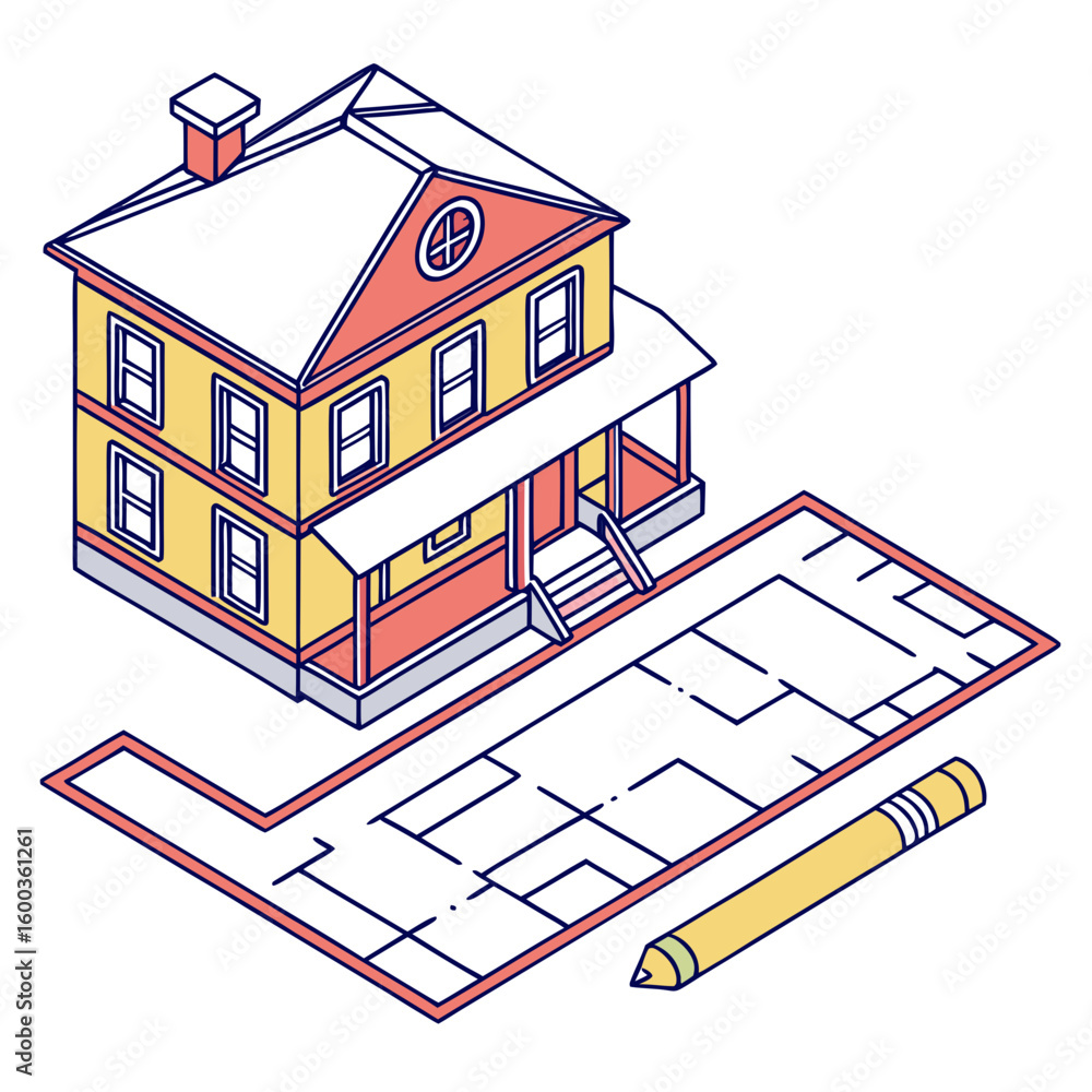 Poster isometric house blueprint with yellow pencil architecture drawing