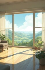 Fototapeta premium Peaceful anime illustration of room interior with large window expansive green valley landscape. Sunlight streams onto wooden floor. Home ambiance with potted plants, armchair provides serene,