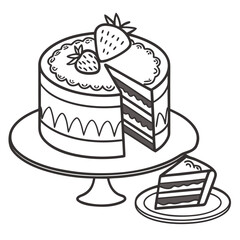 Layered cake with strawberries and slice on plate dessert strawberry