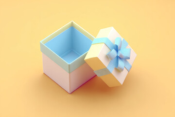 Obraz premium Open pastel gift box with blue ribbon, top down view, empty inside, on yellow background, minimal style, cheerful and bright, perfect for celebration or surprise concept