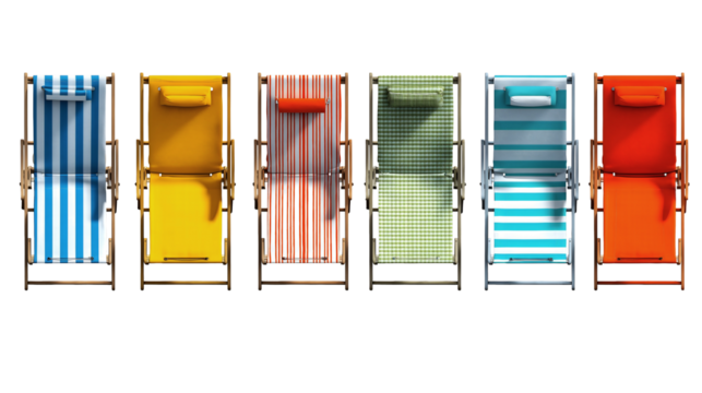Collection of deck chairs with striped checkered and solid fabric designs on wooden frames isolated on transparent background for summer vacation travel concepts.