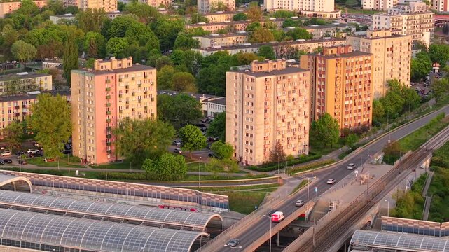 Traffic on the S8 expressway with acoustic barriers protecting a suburb in Warsaw