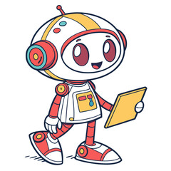 Friendly robot holding a yellow tablet cute assistant