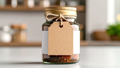 Glass jar with blank label, tied with twine, on kitchen counter