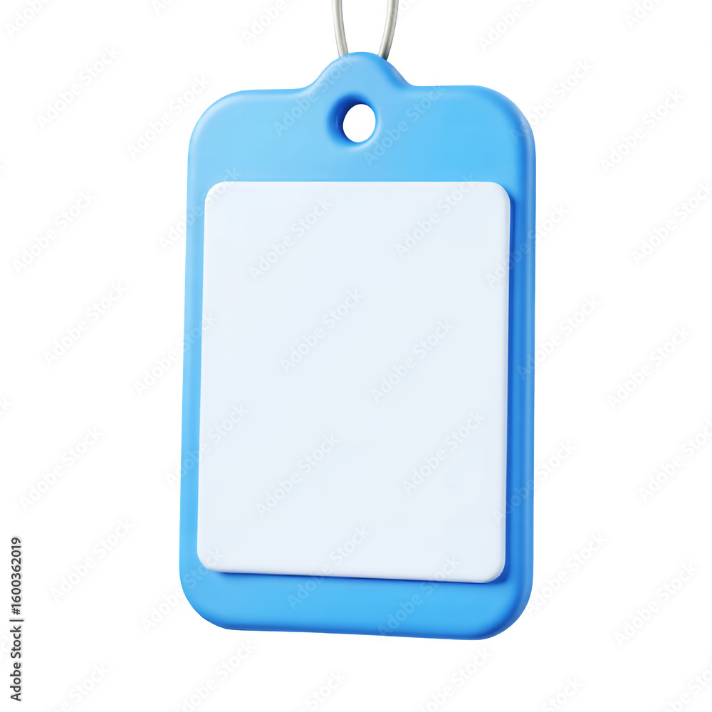 Poster a light blue plastic tag with a white square insert hanging from a metal loop attachment on transpar