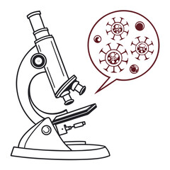 Microscope observing viruses in a speech bubble laboratory research