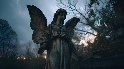 Fototapeta premium Stone angel statue guarding cemetery at dusk