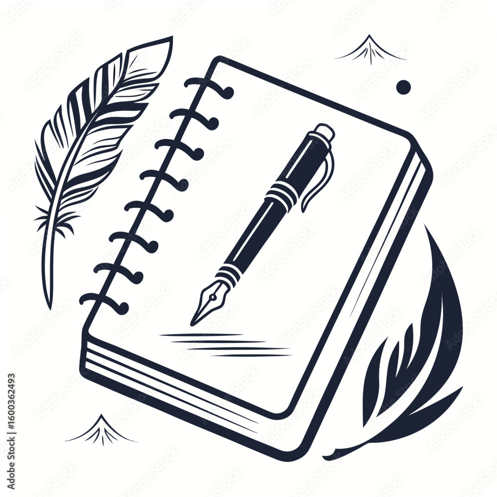 Poster notebook with pen and feathers writing study