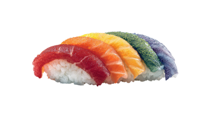 Set of sushi and maki with soy sauce over blue stone background. Top view with copy space