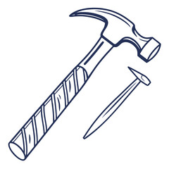 Hammer and nail simple line art construction tool