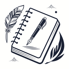 Notebook with pen and feathers writing study