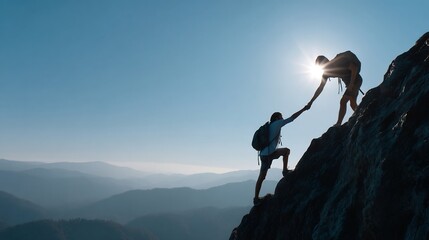 Teamwork and assistance, climbers hiking mountain cliff with sun shining, showing dedication
