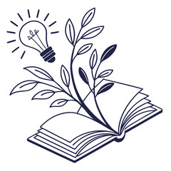 Open book with growing plant and light bulb leaves