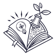 Open book with lightbulb and growing plant knowledge study