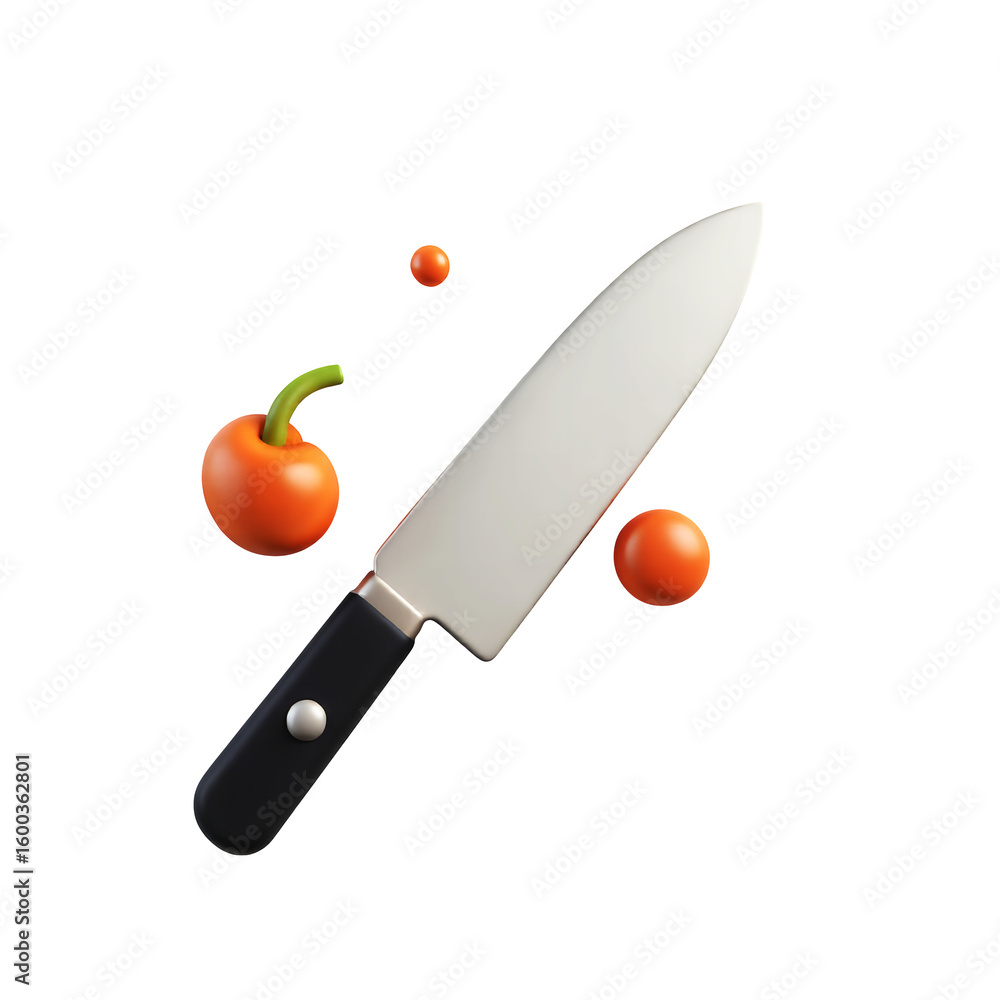 Poster a chef's knife with a black handle and tomatoes floating around scene on transparent background