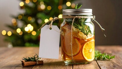Glass jar with citrus slices, rosemary, and spices on a wooden table, Christmas lights in background