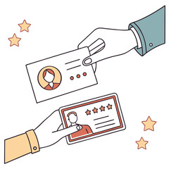 Hands exchanging profile cards with stars business