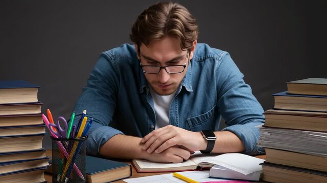 Exhausted young male student with glasses sleeping on his desk. Overwhelmed man tired from studying with many books and papers.