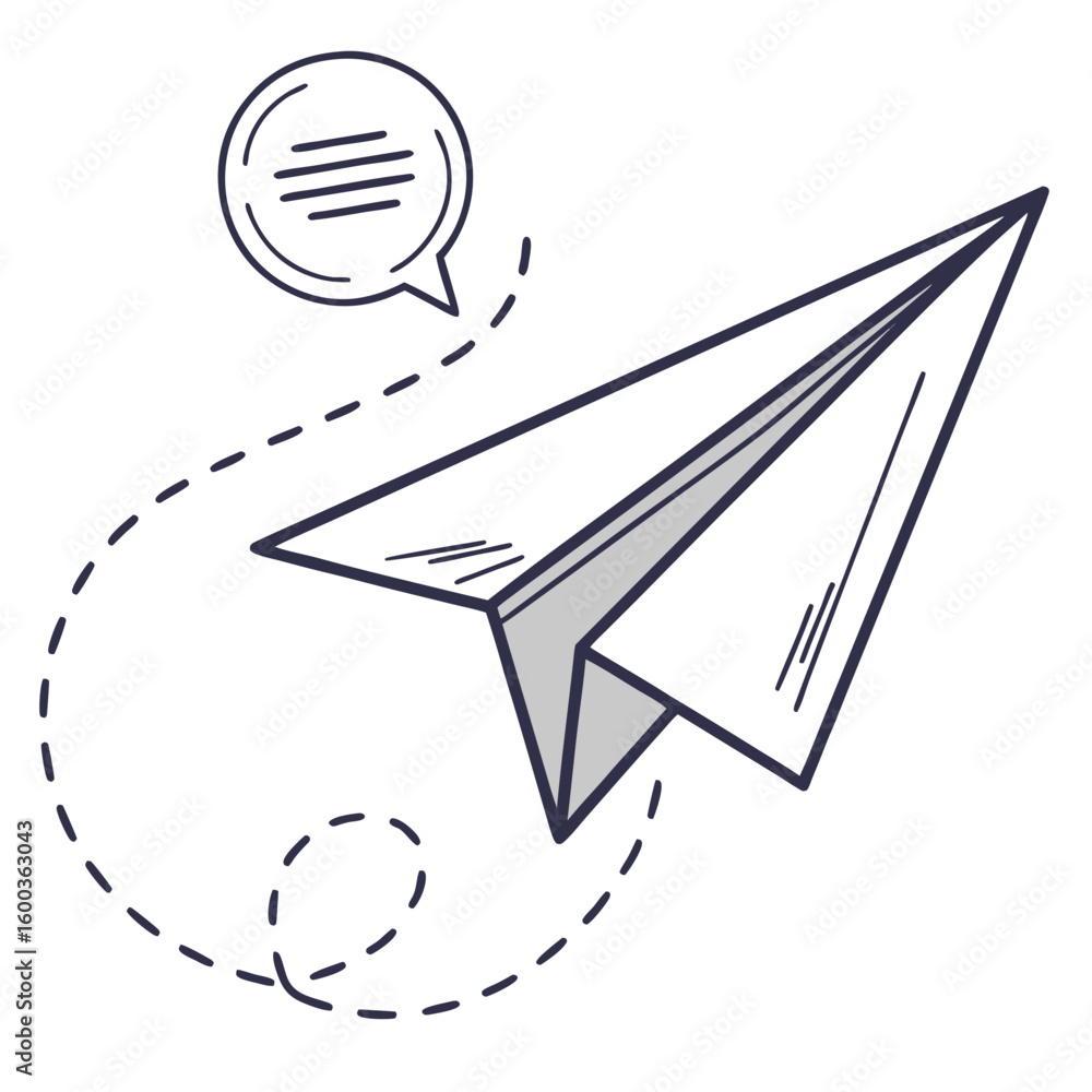 Poster paper airplane sending message with dashed flight path communication