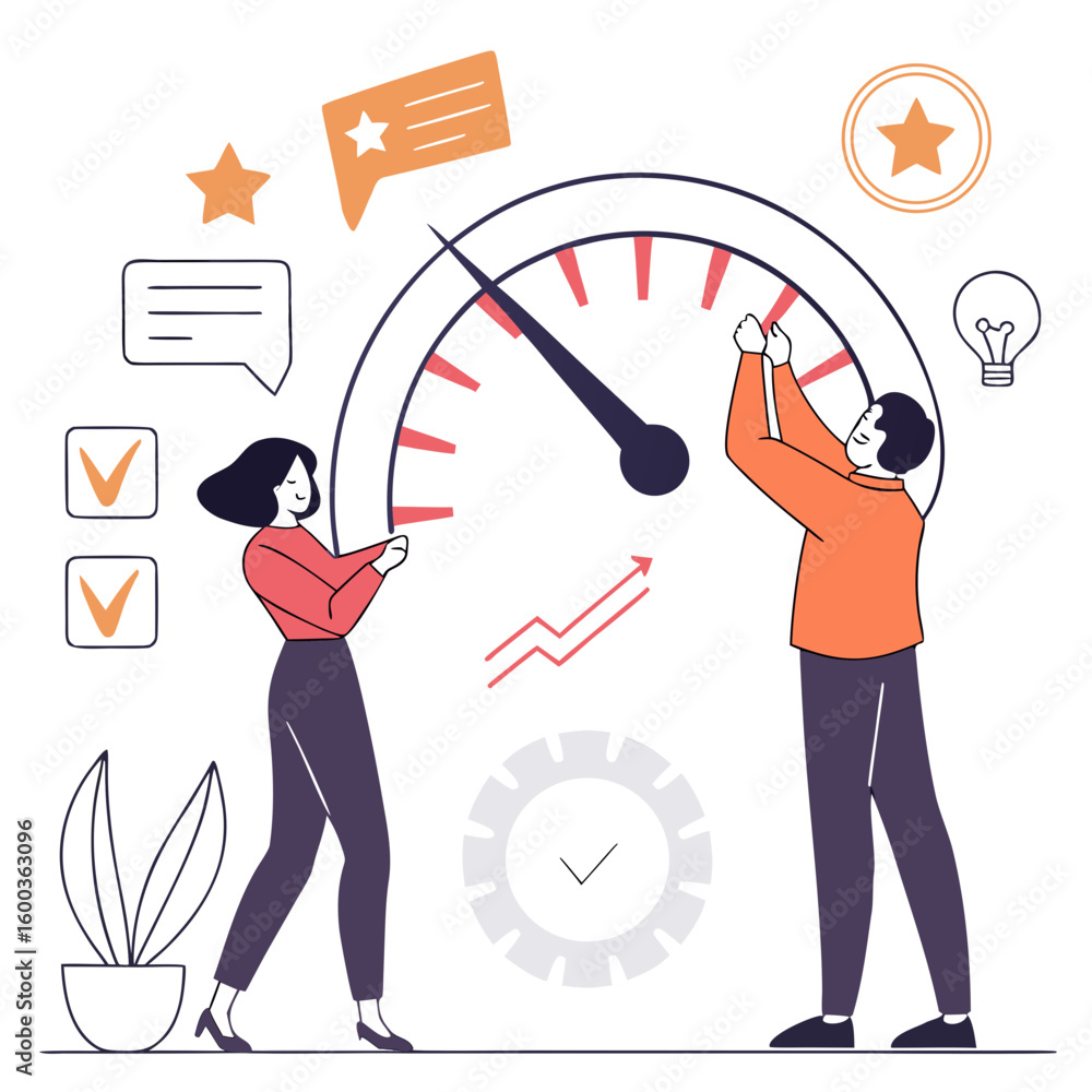 Poster people adjusting progress meter with growth chart and lightbulb teamwork business