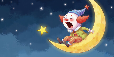 Fototapeta premium Colorful clown sitting on crescent moon and yawning at night - Concept of Clown Day, Clown Week 