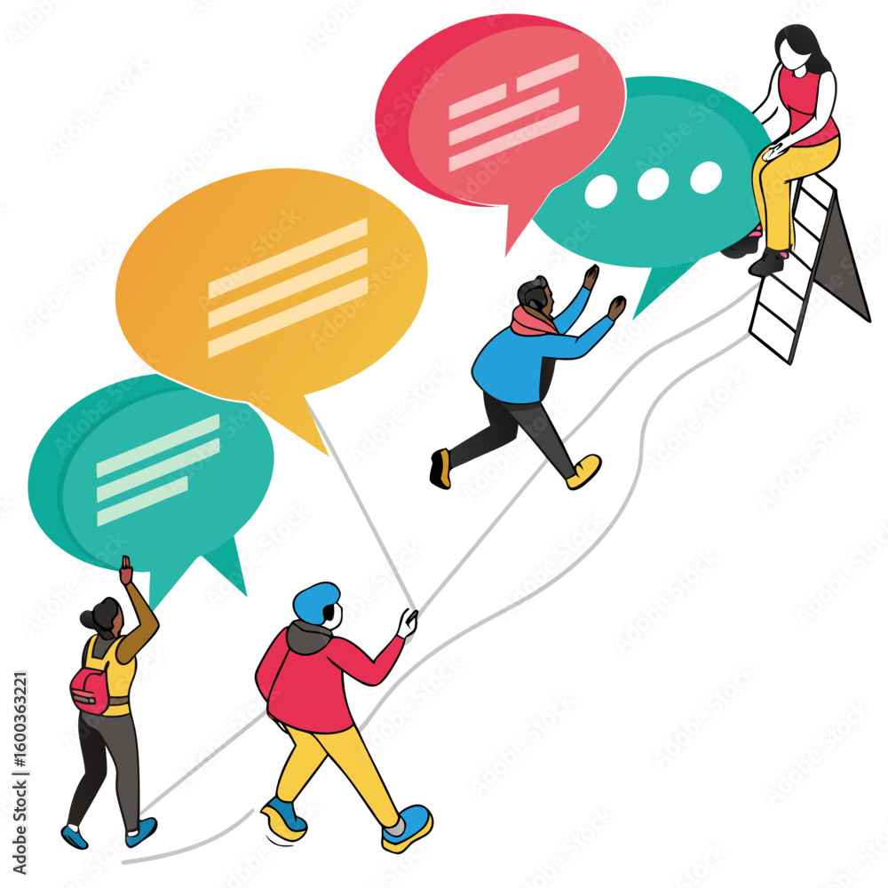 Poster people interacting with colorful chat bubbles communication concept interaction connection