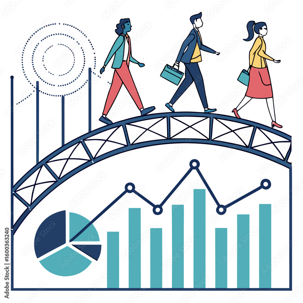 Poster people walking on data bridge with charts and graphs vector