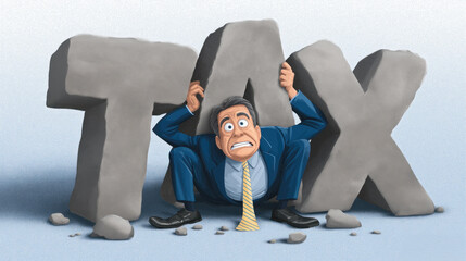 Man trapped under heavy tax letters, stressed businessman struggling with financial burden, anxiety and pressure concept