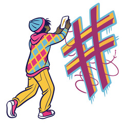 Person creating hashtag symbol with spray paint graffiti
