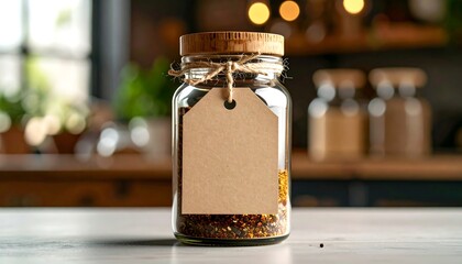 Glass jar with cork lid and tag