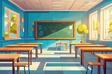 Bright classroom scene for back to school season with desks and blackboard. Flat illustartion. Horizontal banner. Copy space. Free space for text