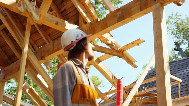 Builder with helmet and tools looking at wooden structure. Inspirational scene for advertising construction services and training videos.
