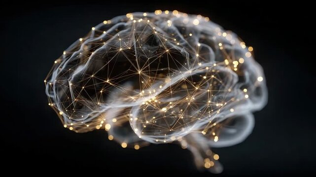 Faint translucent human brain with connected golden dots and lines against a dark backdrop