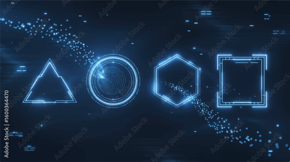 Poster geometric cyber symphony: a captivating digital composition of geometric shapes pulsating with a fut