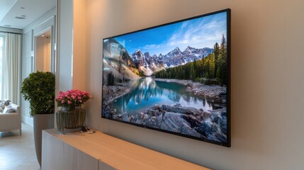 Modern Living Room with Stunning Mountain Lake TV Screensaver