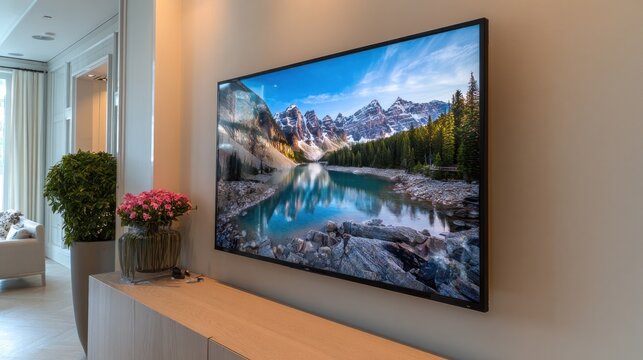 Modern Living Room with Stunning Mountain Lake TV Screensaver