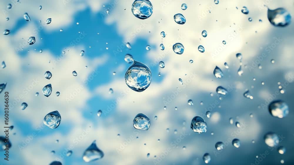 Poster close up of water droplets clinging to a surface with blurred cloudy sky reflection visible in the w