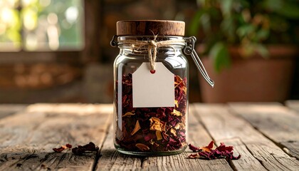 Glass jar with dried rose petals and blank tag