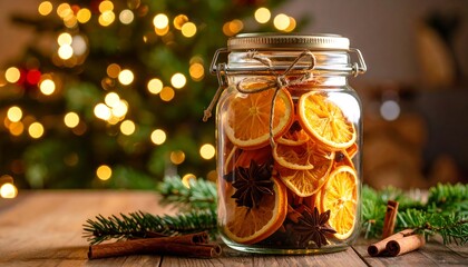 Glass jar with dried orange slices, cinnamon, and anise. Festive background