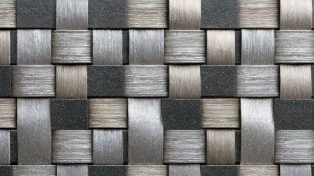 Woven texture with silver brown and black elements creating an abstract pattern Close up view shows interlocked ribbons