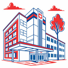 Fototapeta premium Modern hospital building with red clouds and tree illustration