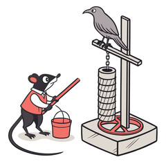 Mouse and bird on white background bucket pole