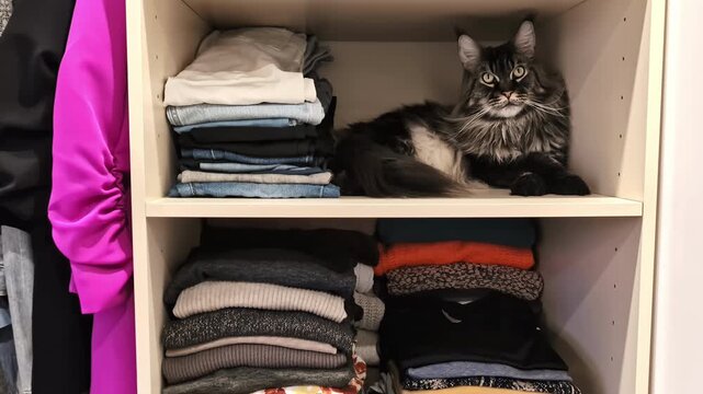 Indoor pet Maine Coon cat big feline inside clothes drawer beautiful features